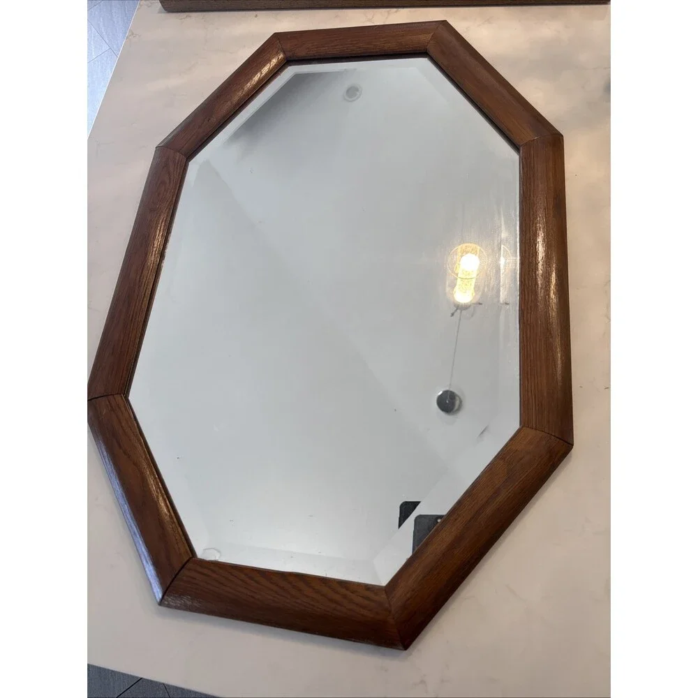 Vintage Oak Framed Octagon Hanging Mirror 27x19
